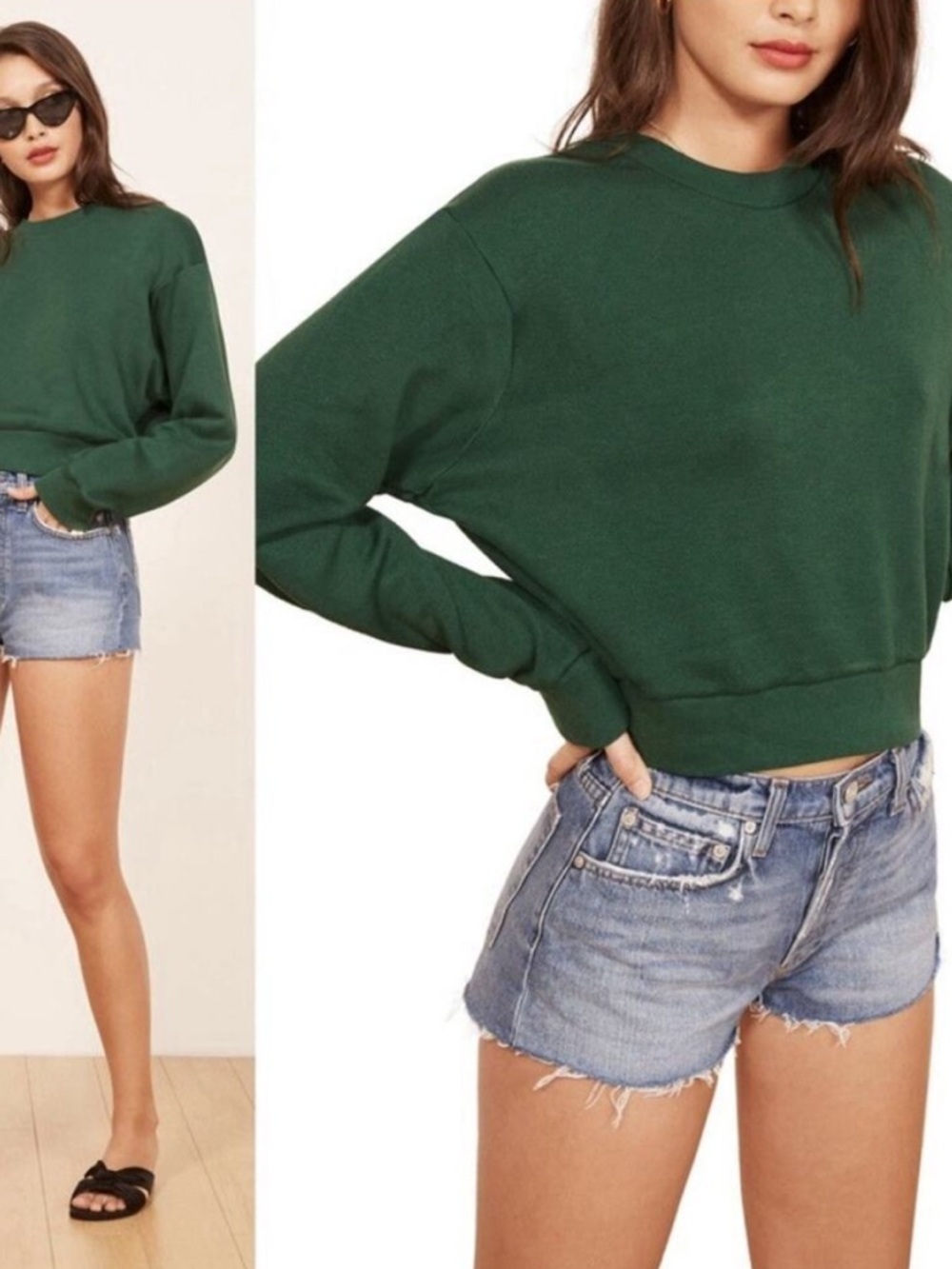 Reformation Jeans Forest Green Cropped Crewneck Sweatshirt Size Small Oversized - Picture 4 of 10